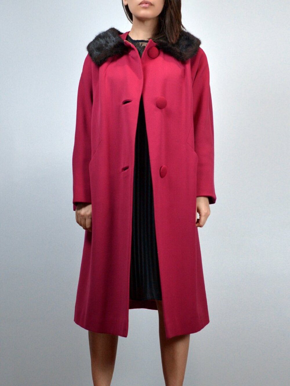 Vintage 60s Red Winter Fur Collared Dress Coat, M